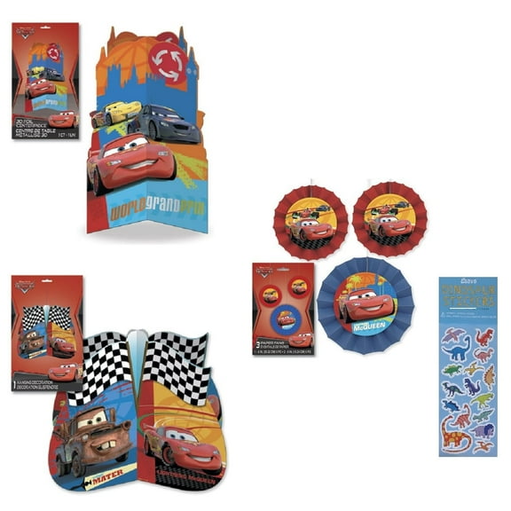 Disney Cars Birthday Party Supplies Bundle includes 1 Table Centerpiece11" Tall, 1 Hanging Decoration 12", 3 Hanging Paper Fans includes 1 - 8 inch, 2 - 6 inch, 1 Dinosaur Sticker Sheet