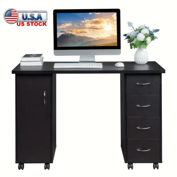 Tcbosik Manicure Nail Table, Nail Desk Station with Wrist Rest, Computer Desk with Door and Drawers, Workstation for Nail Technician Salon, Black