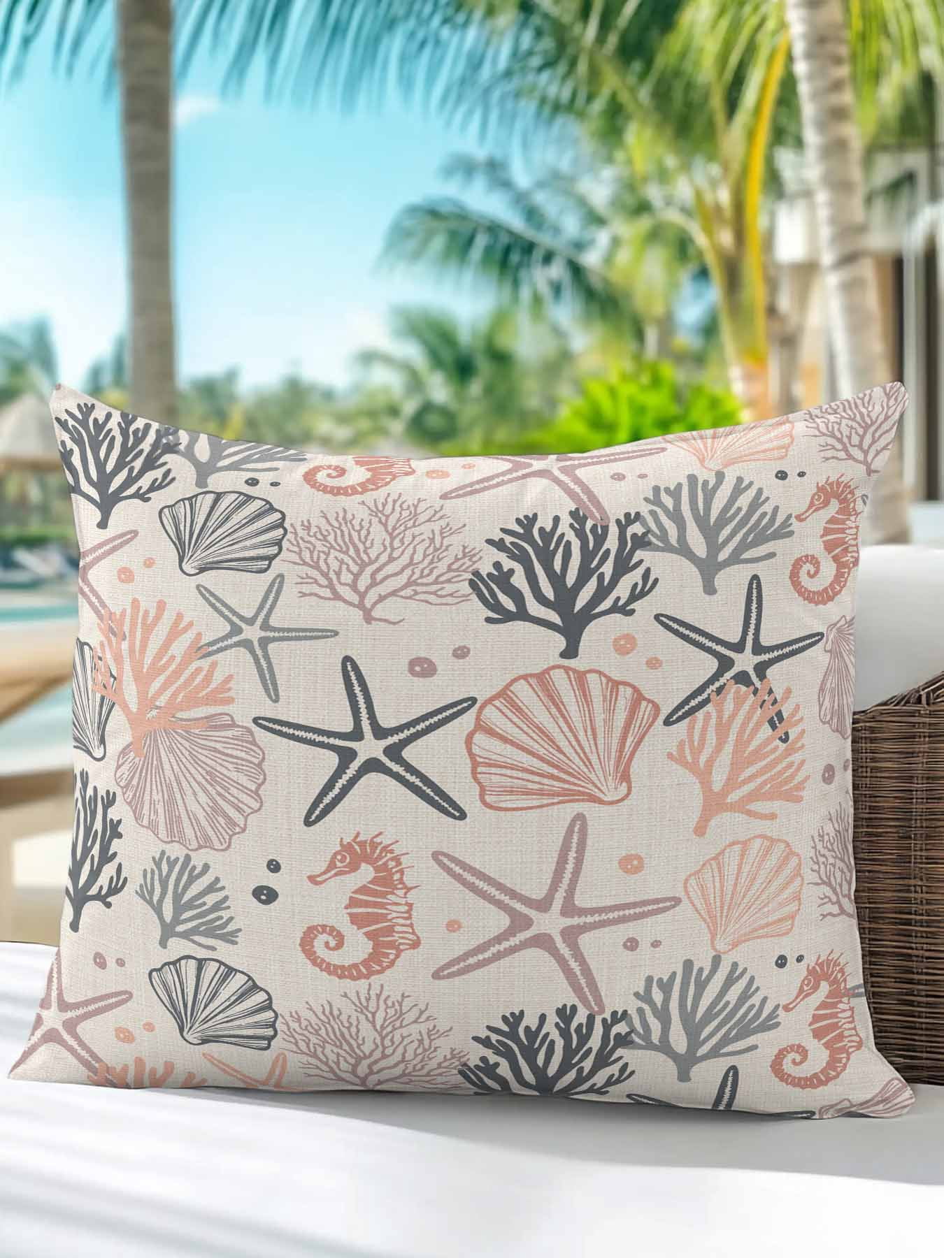 Waterproof Outdoor Throw Pillows with Inserts 16"x16",Coral Pink Grey Coastal Soft Decorative Pillowcases for Bedroom,Summer Beach Starfish Coral Nautical Rustic Pillow Covers for Sofa Living Room