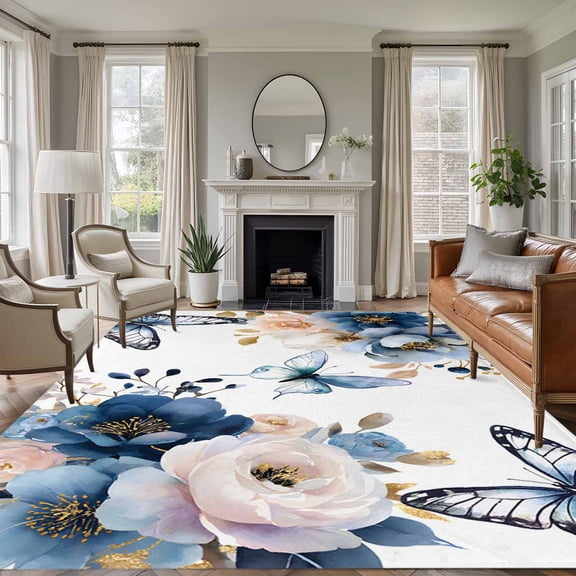 5'x8' Area Rugs, Vintage Blue Floral Indoor Outdoor Area Rug for Living Room Bedroom, Farmhouse Watercolor Flower Butterflies Washable Bathroom Rugs Kitchen Floor Carpet Mats Home Decor Aesthetic