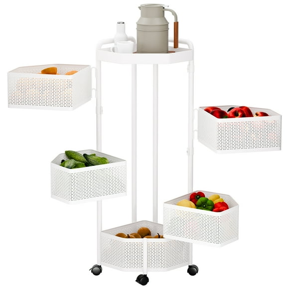 Fruit Vegetable Basket, Rotating Storage Shelves Rack, Kitchen Vegetable Storage Organizer, Fruit Basket Floor Stand Shelf Fruit Tower, 5 Tiers, Irregular Shape (White)