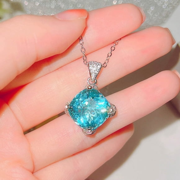 Luxury Simulation Aquamarine Sea Blue Topaz Stone Pendant Necklaces Square Emerald Color Treasure Jewelry