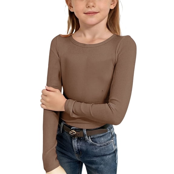 YDFCWXW Girls Long Sleeve Stretch Crewneck Ribbed T-Shirt Slim Fit Casual Basic Tops (Coffee, 13-14 Years)