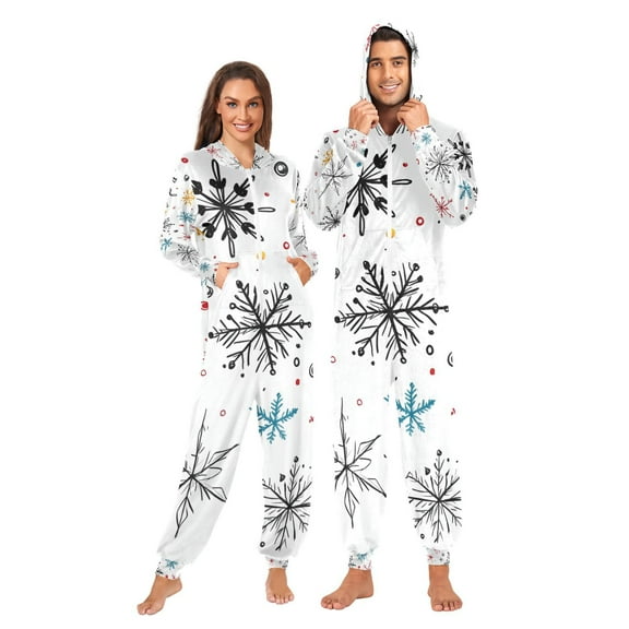 Christmas Snowflakes Adult Onesie Pajamas Slim Fit Christmas One Piece Suit Pjs for Women and Men Hooded Zipper