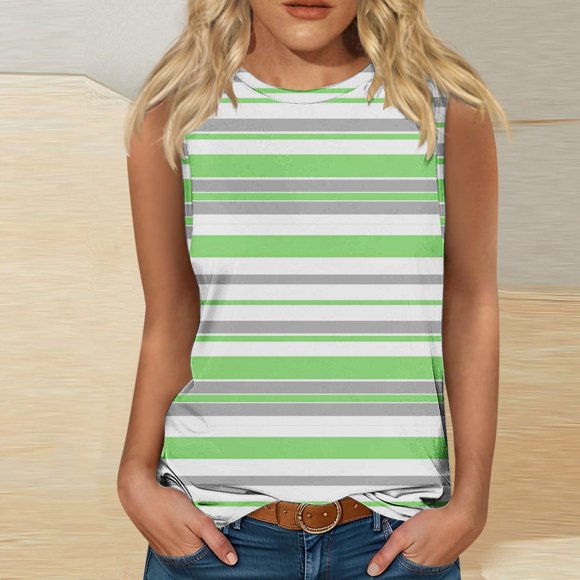 Summer Savings Clearance! Fatuov Womens Camisoles Striped Printing Sleeveless Casual Blouses Clearance Crew Neck Summer Loose Fit Tank Tops Green