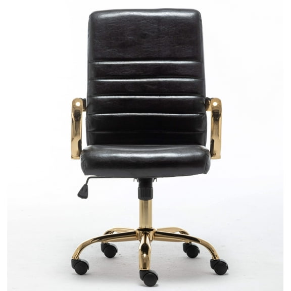 BTExpert Black Faux Leather Adjustable Home Office Arm Chair Golden Finish