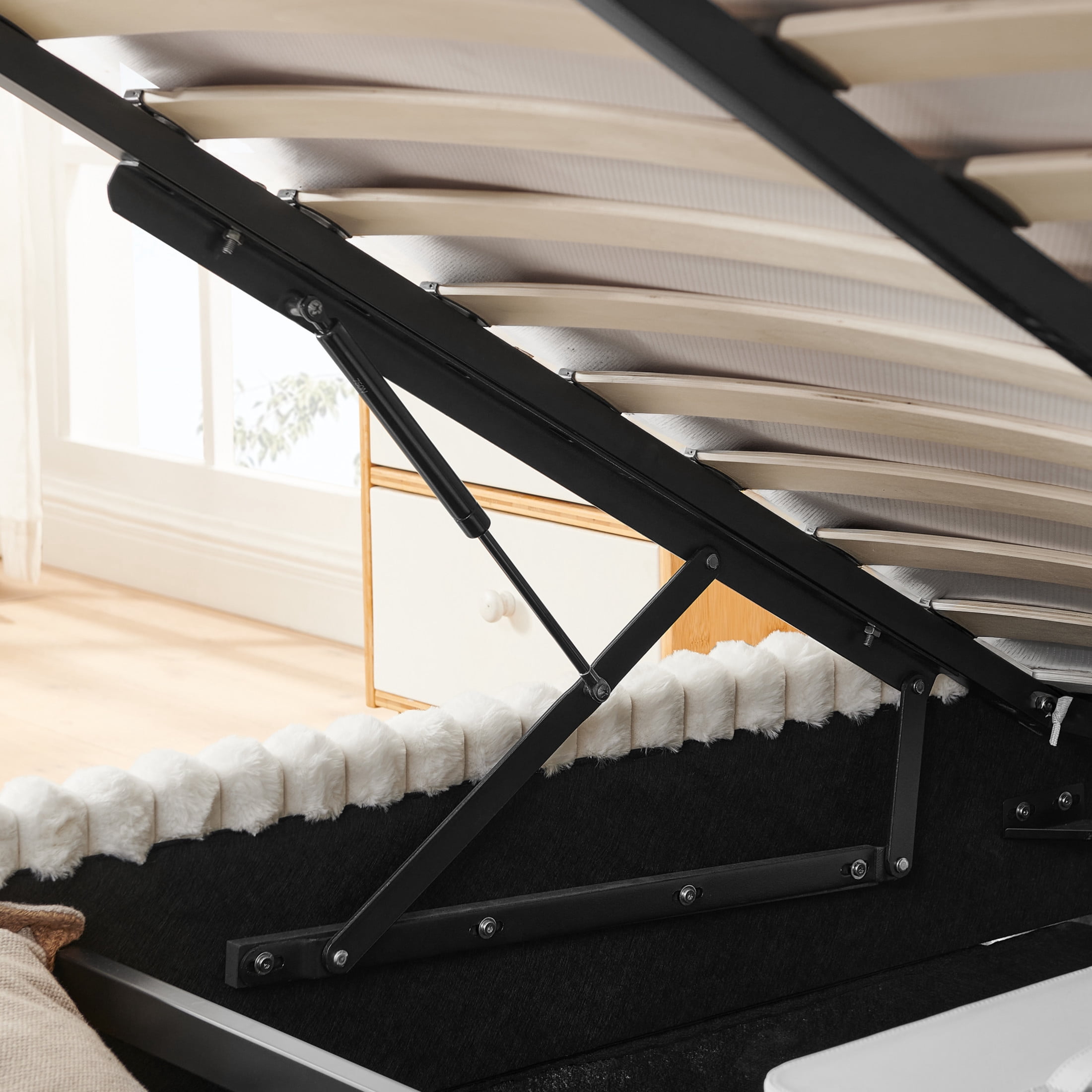 Noble House Renton Queen Size Platform Bed, Fluffy Faux Rabbit Fur Fabric Bed with Under-Bed Storage System, Beige
