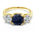 thumbnail image 2 of Gem Stone King 18K Yellow Gold Plated Silver Blue Sapphire and White Lab Grown Diamond 3 Stone Engagement Ring for Women (3.82 Cttw, Gemstone September Birthstone, Cushion 8MM, Size 8), 2 of 5
