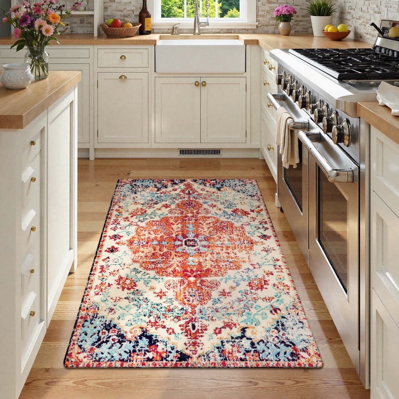 Wonnitar 3'x5' Bohemian Medallion Area Rug,Bedroom Rug Soft Throw Printed Bathroom Kitchen Entry Foyer Mat, Vintage Non-Slip Washable Carpet for Front Door Laundry Room Bath Office