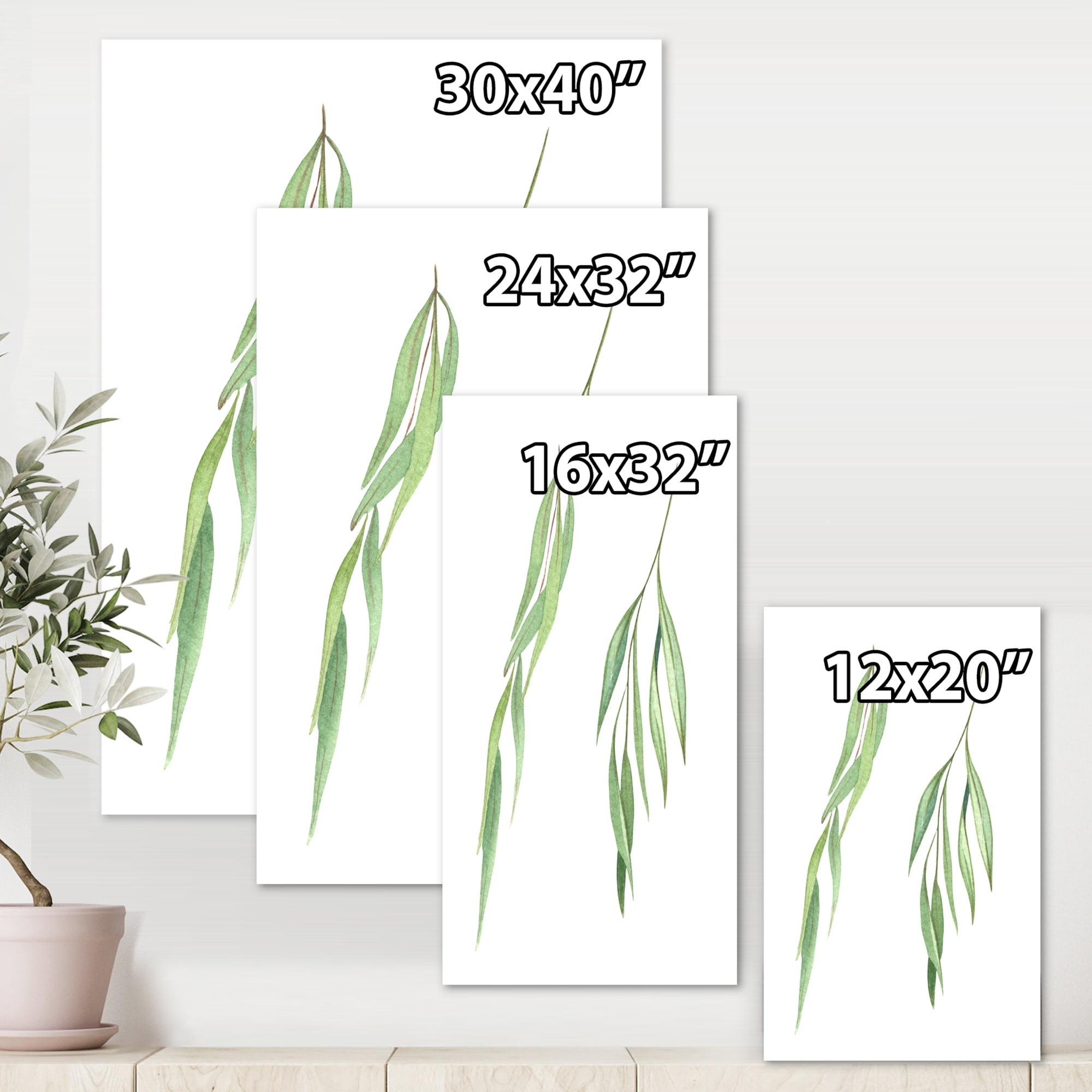 Two Willow Branches On White 30 in x 40 in Painting Canvas Art Print, by Designart