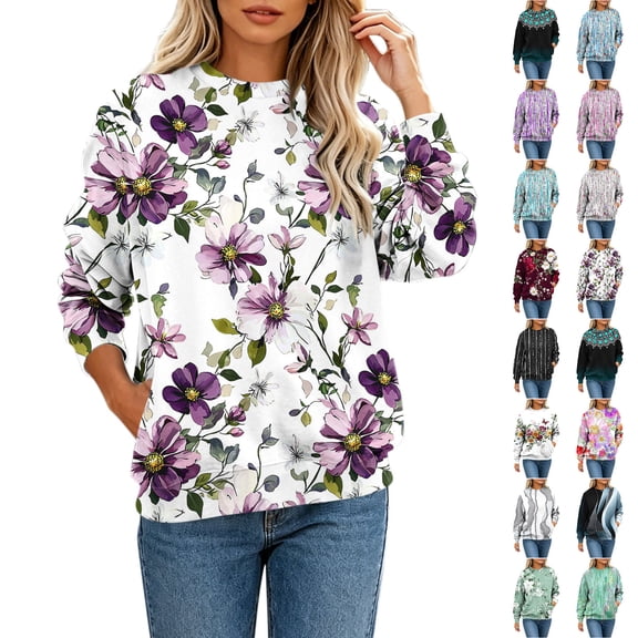 Frostluinai Womens Tops Long Sleeve Floral Print Sweatshirts Trendy Casual Crewneck Pullover Lightweight Fall Comfy Shirts S-3XL
