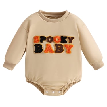 WERYOUNG Girls Boys Onesie Comfort Long Sleeve Round Neck Pumpkin Embroider Pullover Halloween Bodysuits Trendy Outdoor One-Pieces,Beige,6-12 Months