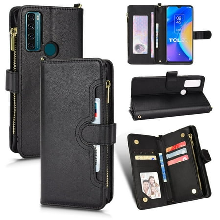 Case for TCL 20 SE Cover Zipper Magnetic Wallet Card Holder PU Leather Flip Case - Black