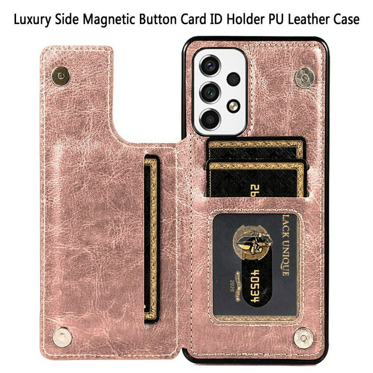 HR Wireless Samsung A53 5G Luxury Side Magnetic Button Card ID Holder PU Leather Case Cover - Rose Gold