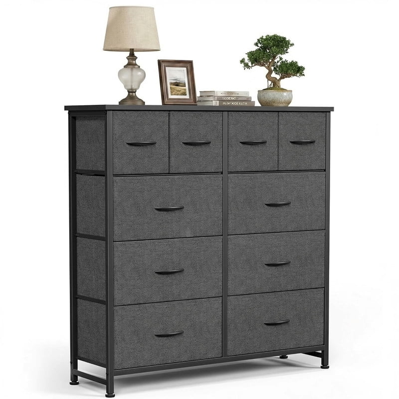 Kelno 10 Drawers Fabric Cabinet Metal Frame Wide Wood Top Tall Storage Tower TV Stand Clothes Organizer for Bedroom Living Room,Grey