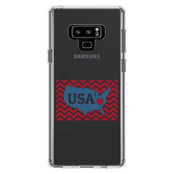 DistinctInk Clear Shockproof Hybrid Case for Samsung Galaxy Note 9 - TPU Bumper Acrylic Back Tempered Glass Screen Protector - USA Map Heart Chevron Flag