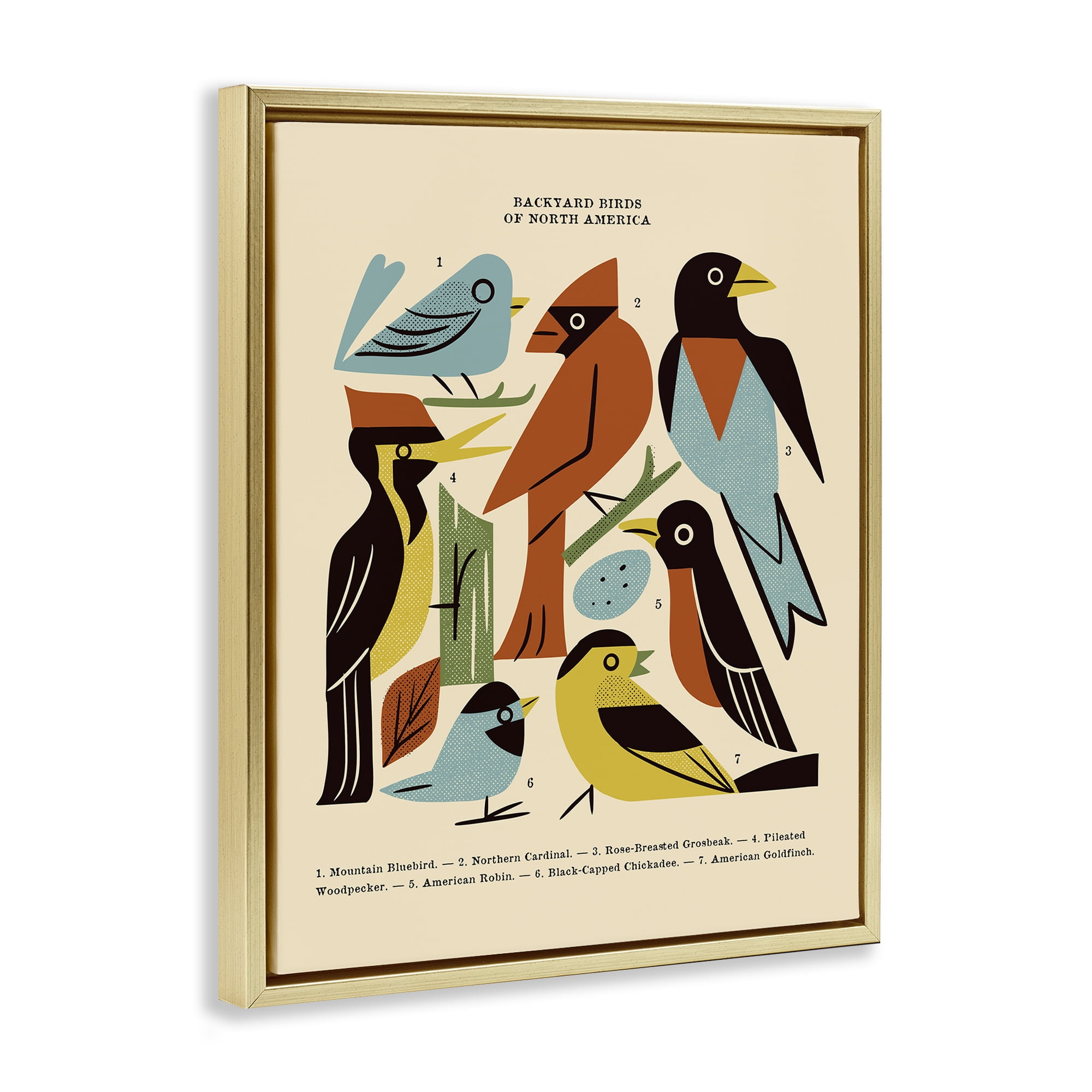 Backyard Birds Midcentury Modern Gold Framed Floater Canvas Wall Art, design by Renea L. Thull