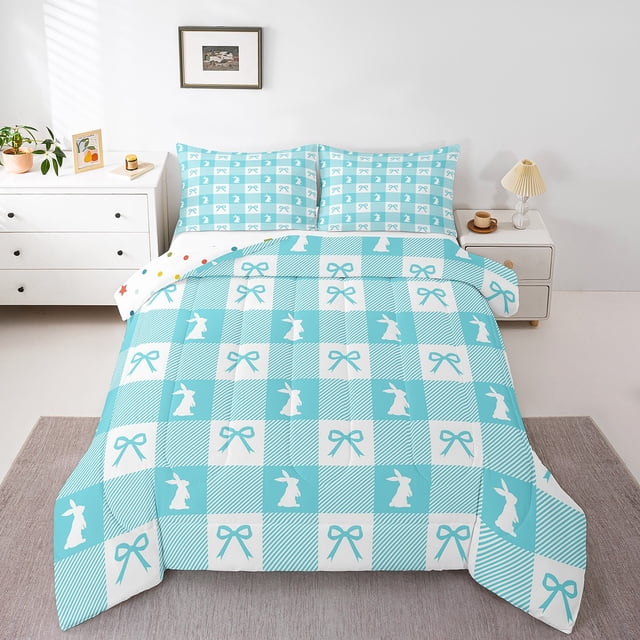 Cute Rabbit Comforter Set Toddler Size,Spring Easter Animal Princess Bowknot Bedding Set for Kids Teens,Teal Geometric Plaids Kawaii Bow Patchwork Down Comforter,2 Pcs 1 Pillowcase
