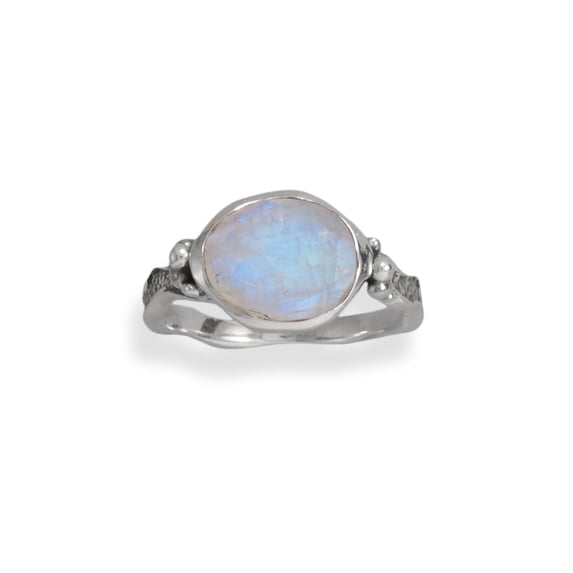 Women's .925 Sterling Silver Oxidized Rainbow Moonstone Wavy Band Ring
