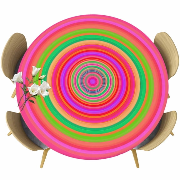 Pink Red Green Circle Round Tablecloth 45-54 Inch Round Fitted Table Cloth with Elastic Edge, Farmhouse Stripes Art Modern Waterproof Table Cover Protector for Outdoor Picnic Party Dining