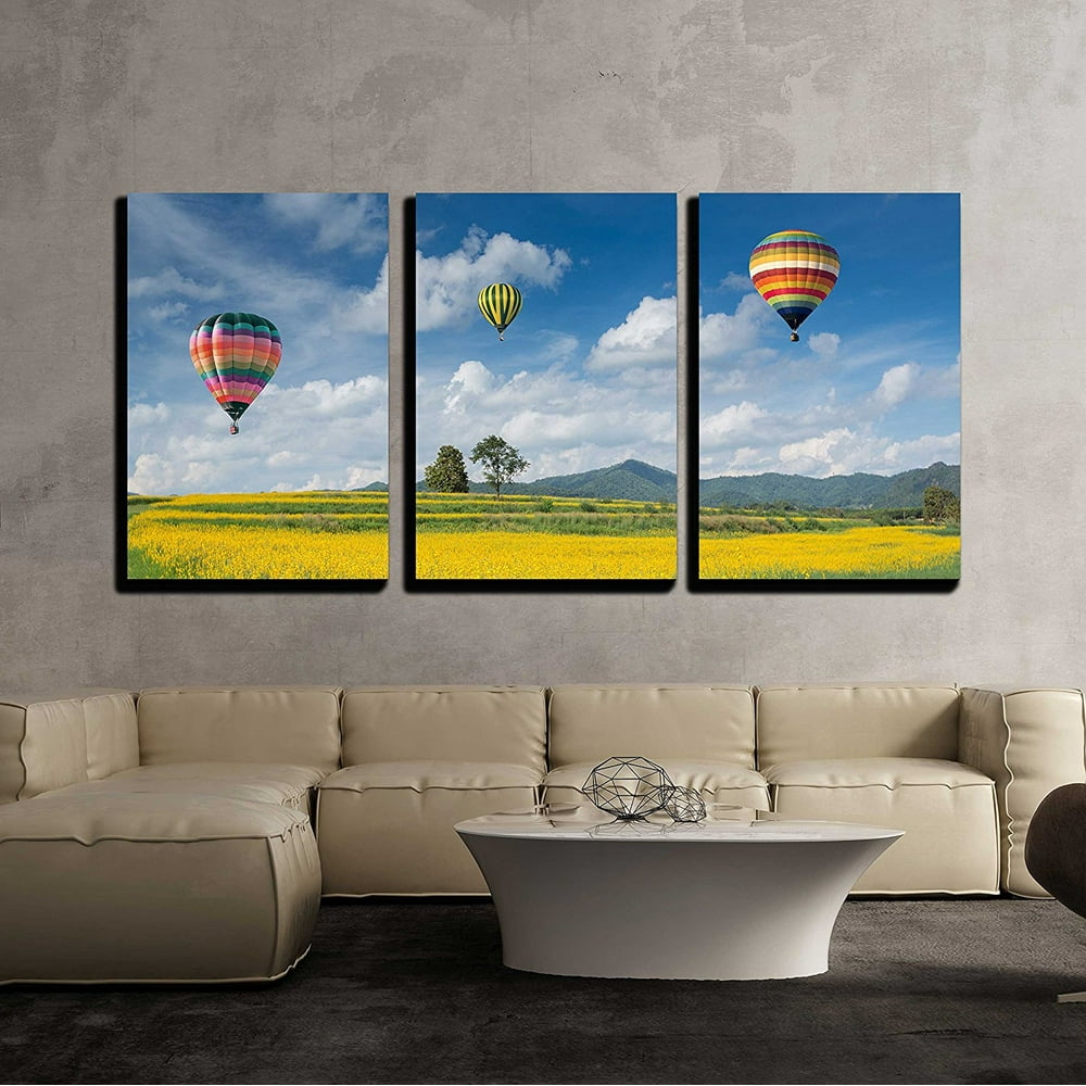 Wall26 3 Piece Canvas Wall Art - Hot air balloon over yellow flower ...