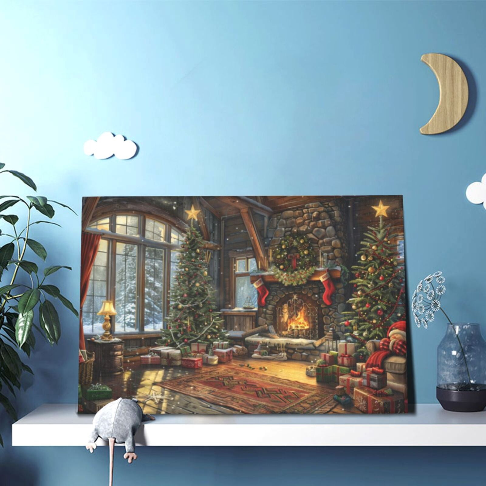 12x18 inch Vintage Paintings Frameless Wall Art Fireplace & Christmas Trees,Bedroom,Kitchen,Apartment Picture Wall Decor Canvas Painting,Classic Christmas Trees & Fireplace Retro Decor Poster