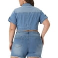thumbnail image 4 of Agnes Orinda Plus Size Denim Jackets for Women Button Front Work Washed Rolled Sleeves Cropped Jean Jacket 4X Light Blue, 4 of 6