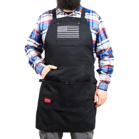 JAYCEE GRILLIN & CHILLIN Tablier Parfait pour BBQ, Gril, Chef, Passe-Temps et Atelier avec Drapeau Américain Gris et Noir. 5 Poches, Dos Croisé, Dégagement Rapide, 2 Boucles d'Outils. Tablier en Coton de 10 oz.. pour Hommes et Femmes