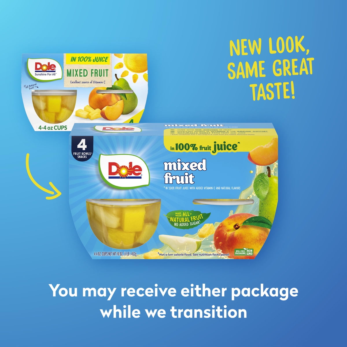 (4 pack) (4 Cups) Dole Fruit Bowls Mixed Fruit in 100% Fruit Juice, 4 oz
