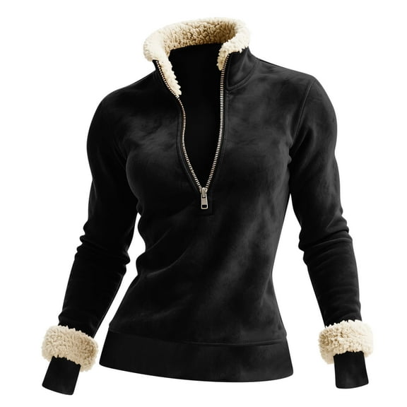 Dasayo Zip up Women Tops Long Sleeve Henley Black Shirts Fleece Solid Fuzzy Winter Clothing Womens Shirts L