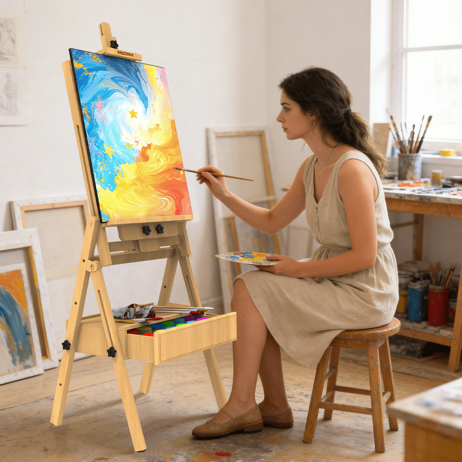 Yacona Easel for Painting, Solid Beech Wood Art Easel for Adults, Adjustable Painting Stand with Drawer, Holds up to 48"