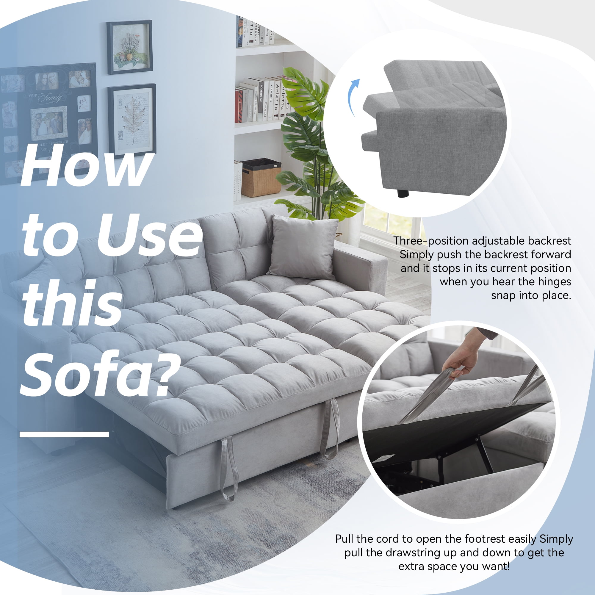 Muumblus 84" Convertible Sofa Bed, Queen Size Sleeper Sectional with Storage Chaise, Gray Velvet