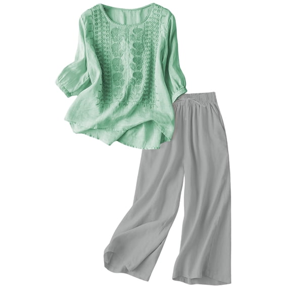 MDUKONU Women's Linen Embroidered Top and Wide Leg Pants Set for Everyday and Wear in Summer Light Green XXXL