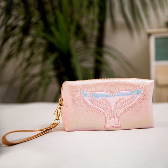 Fashion Creative Waterproof Cute PU Leather Mermaid Pattern Makeup Bag Storage Bag Laser Bag Cosmetic Bag PINK
