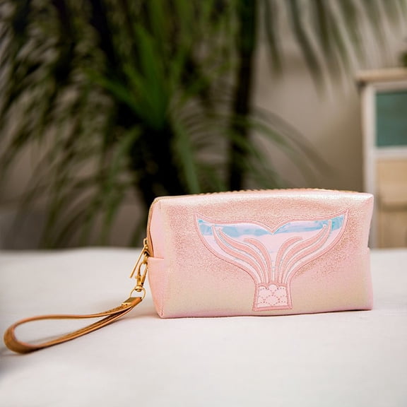 Fashion Creative Waterproof Cute PU Leather Mermaid Pattern Makeup Bag Storage Bag Laser Bag Cosmetic Bag PINK