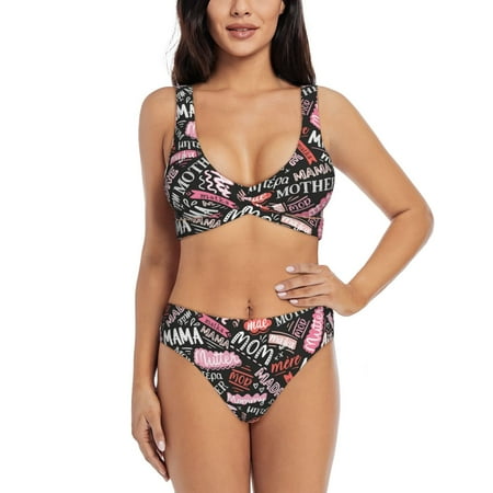 Zeuib Various Languages Mother High Waisted Tummy Control Bikini Set - Knot Front Push Up Top & Cheeky Thong Bottom  Two-Piece Swimsuit for Women-XX-Large