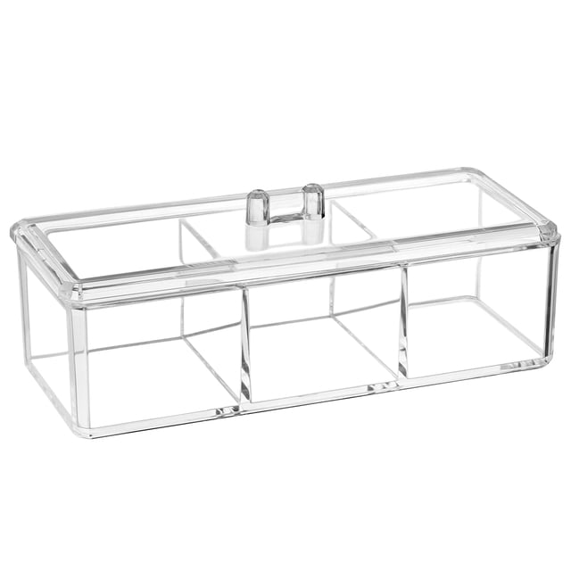 Organizador, organizador y almacenamiento de escritorio de tocador de acrílico transparente, soporte de maquillaje de 3 compartimentos con tapa para baño, 9,17 x 3,7 x 3,46 pulgadas