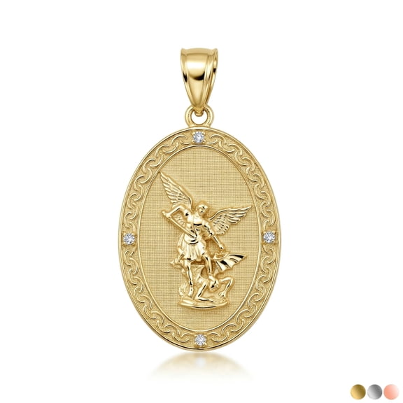 Solid Gold Diamond Archangel Saint Michael Oval Medallion (Small) (10K Yellow Gold, Pendant)