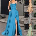 thumbnail image 2 of Quixlent Women Evening Dress Halter Neck Off Shoulder Satin High Split Sleeveless Backless Floor Length Cross Back Pockets Prom Wedding Party Bride Ball Gown, 2 of 8