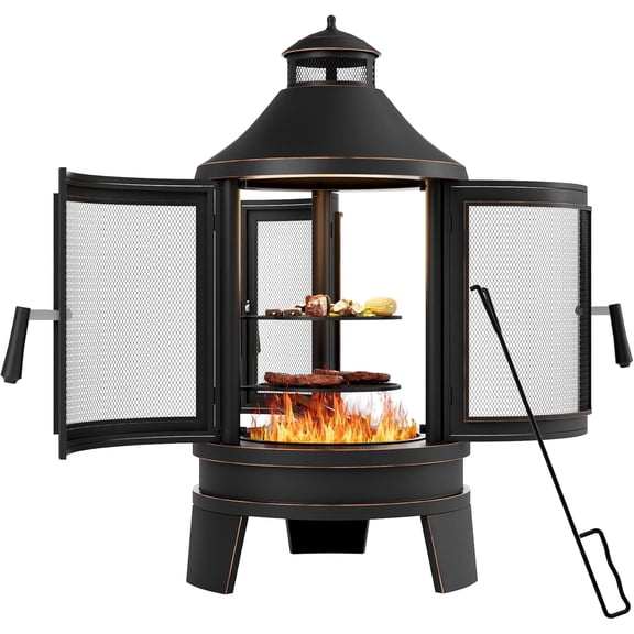 Outdoor Wood Burning Chiminea Fire Pit,24 Inch Metal Fireplace with Adjustable Grill Tray, Spark Screen Door & Fire Poker,Chiminea Firepit for Patio, Garden, Backyard,Black