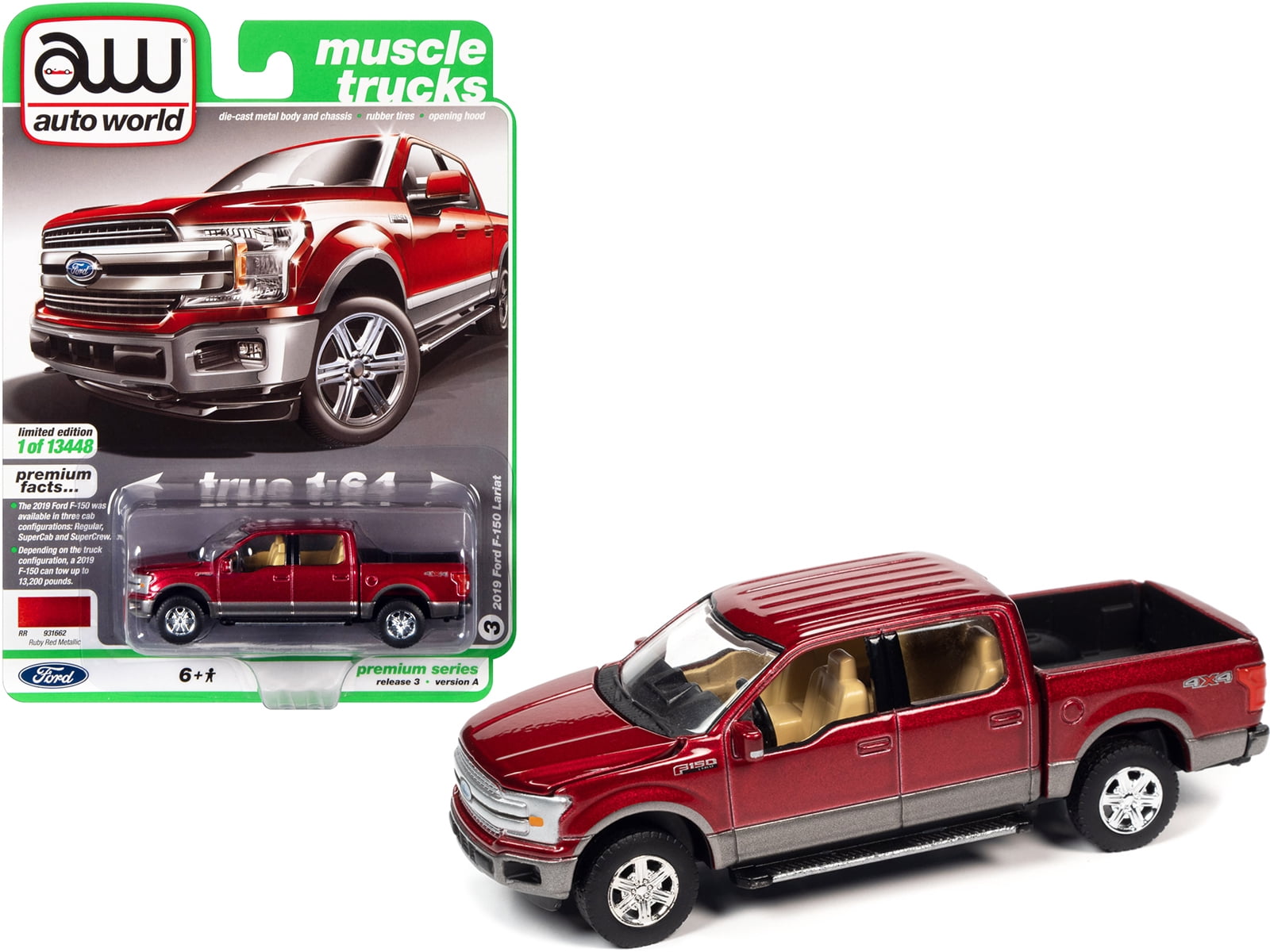 Auto World 1:64 Scale LOOSE Race Red 2019 FORD F-150 F150 LARIAT Pickup Truck 