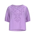 thumbnail image 3 of ClodeEU Women's Summer Short Sleeve Round Neck Cotton Linen Shirts,Retro Embroidered Boho Blouse Tops Purple,Womens Plus XL, 3 of 7