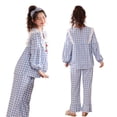 thumbnail image 4 of Conjunto de pijama de cuadros adornado con cerezas, top de encaje de manga larga azul y pantalones con volantes, ropa de estar por casa para mujer, talla L, 4 of 8