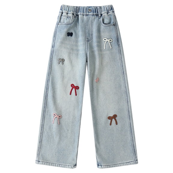 XEGLSBU Jeans for Girls Size 6X Girls Straight Leg Denim Pants with Bow Embroidery Flared for Kids Warm Lined Casual Bottoms Light Blue Size 5-6 Years