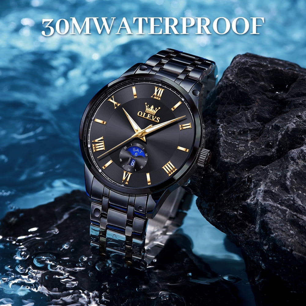 OLEVS Watches for Men Business Dress Waterproof Analog Quartz Stainless Steel Luminous Roman Numeral Classic Men Wrist Watches Reloj Para Hombre Black Dial