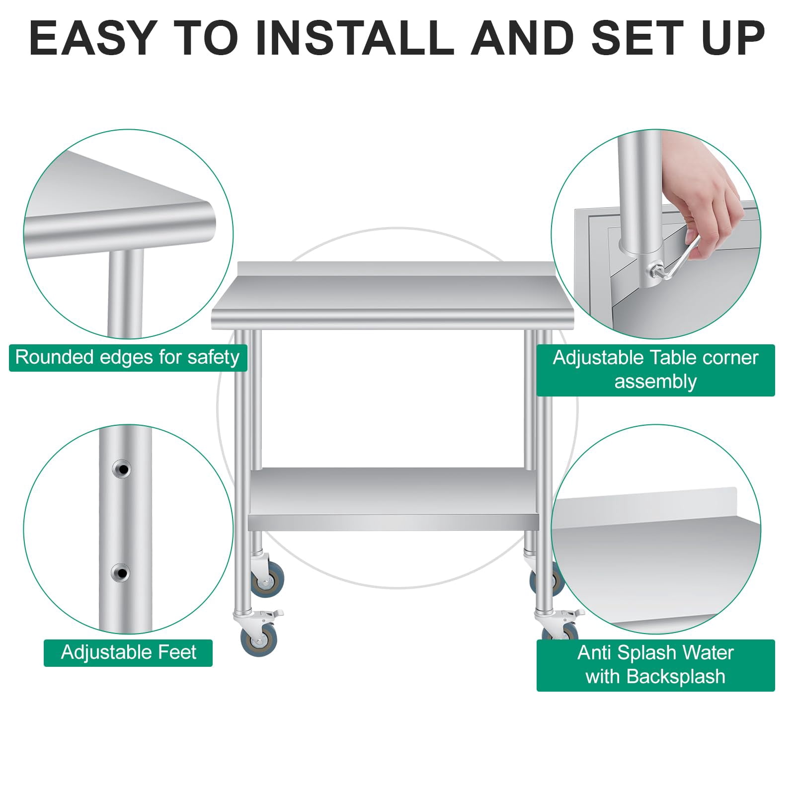 Stainless Steel Table for Prep & Work, 30x24 Inches Heavy Duty Commercial Table with Adjustable Undershelf and Backsplash, Prep Table with Caster Wheels for Restaurant Kitchen Home and Hotel