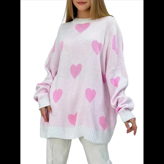 Suéter con Estampado de Corazón para Mujer, Sudadera de Punto de Larga con Gráfico de Amor, Camiseta Extragrande Rosa XL