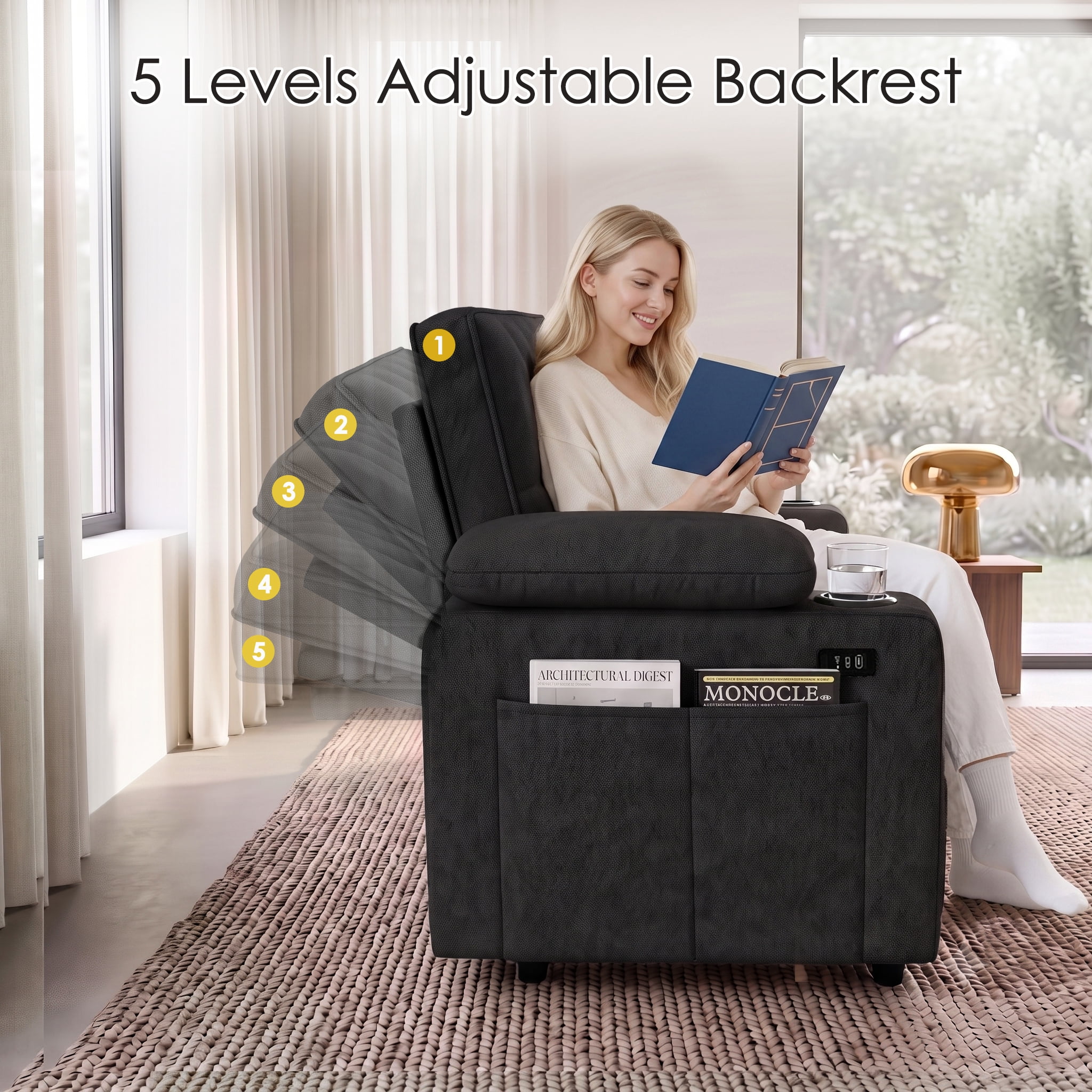 58" Convertible Sleeper Sofa Bed, Full Size Pull Out Couch with USB Charging, Cup Holders, Adjustable Backrest & Side Pockets, Towel Fabric Loveseat for Living Room, Apartment, Office (Black)