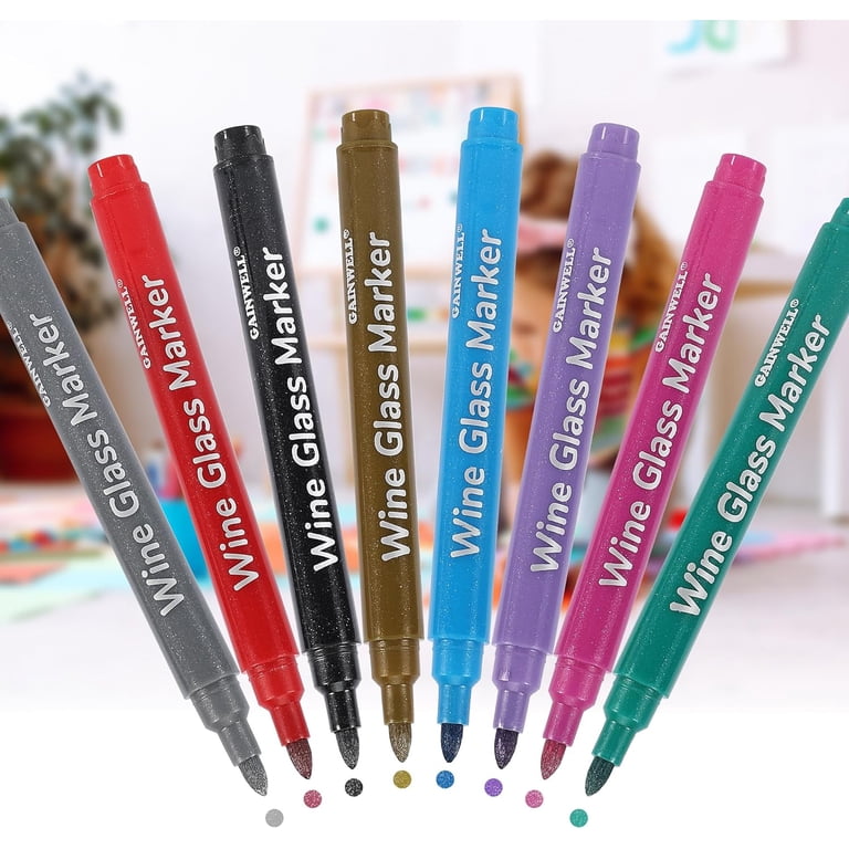GAINWELL Wine Glass Markers - Pack of 8 Food-Safe Non-Toxic Wine Glass  Marker Pens - Can also be Used on Ceramic Plates and other Glass and  Dinnerware