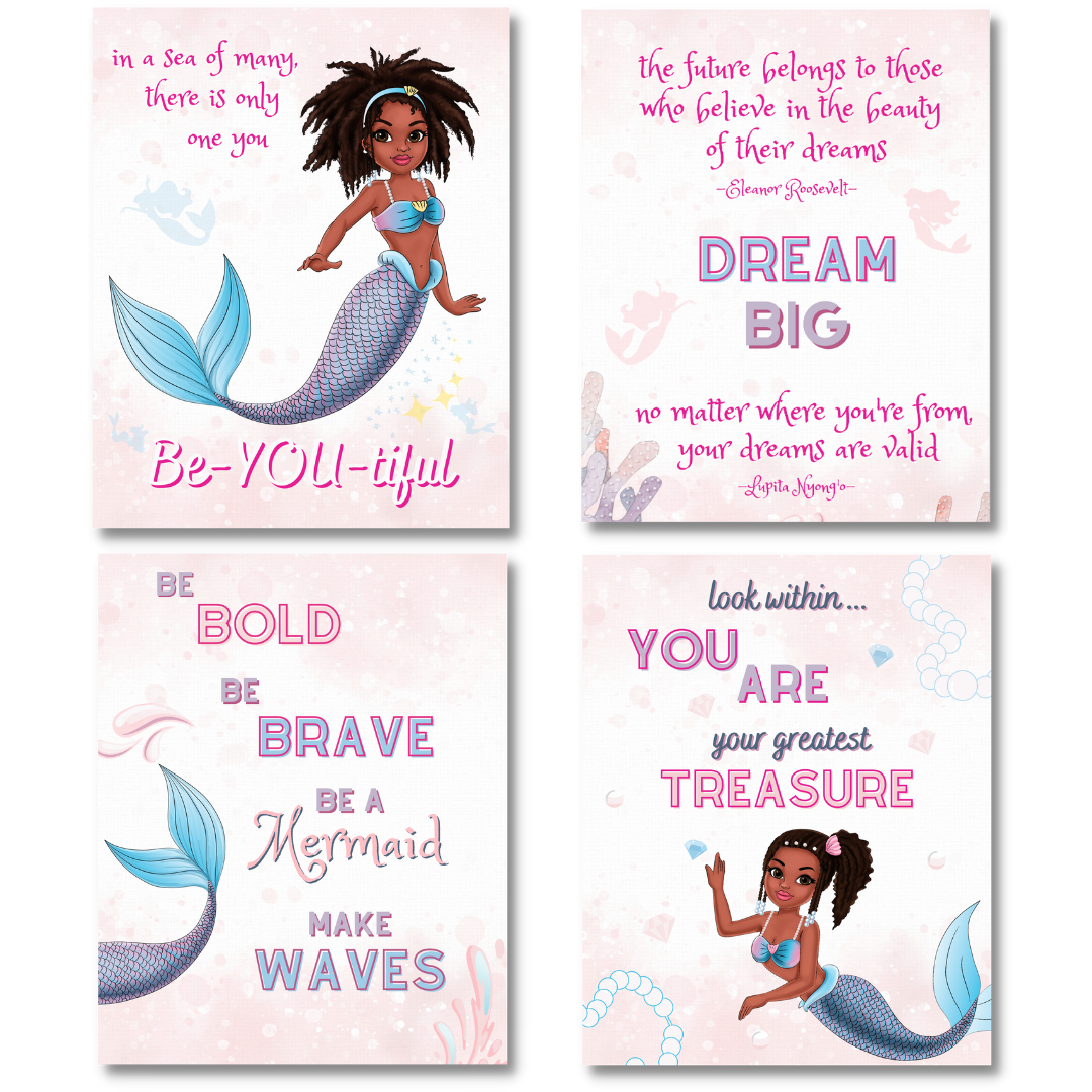 Lynn and Jade Mermaid Room Decor, Black Mermaid Wall Decor, UNFRAMED 8x10  Mermaid Posters, African American, Black Princess Wall Decor